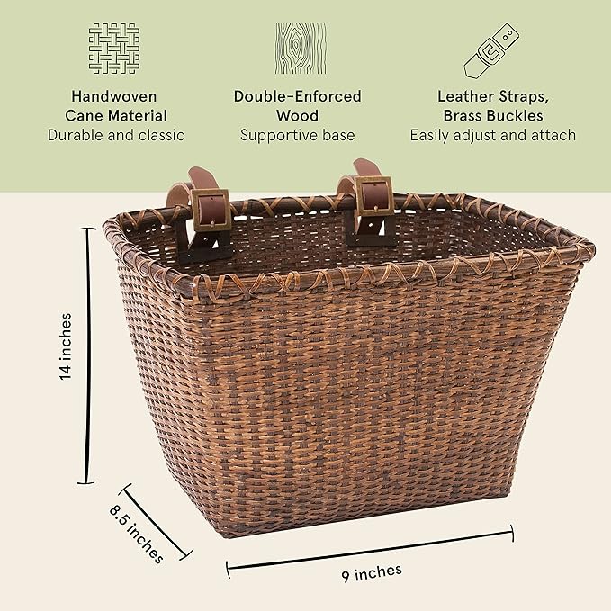 Retrospec Bicycles Cane Woven Rectangular Toto Basket with Authentic Leather Straps and Brass Buckles