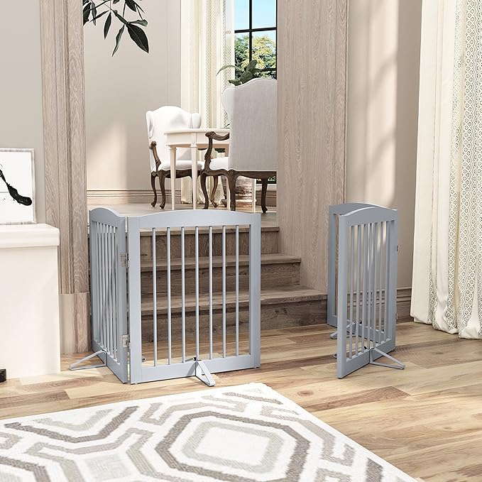 Freestanding Pet Gate for Dogs, Foldable Wooden Dog Gate for House, Indoor Pet Barrier for Stairs, Doorways, Support Feet Included, 24" Height 2 Panels, Grey