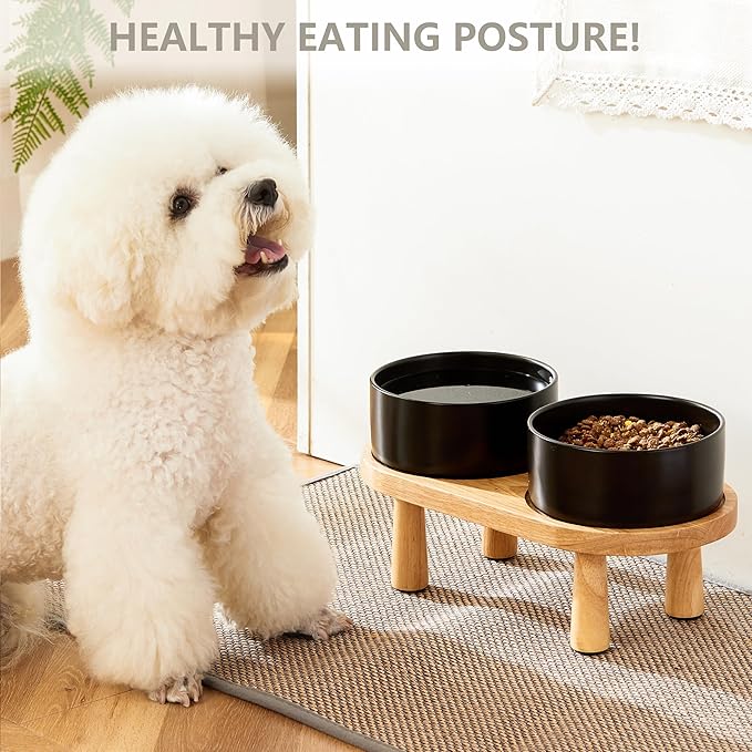 Ceramic Elevated Dog Bowls, Pet Food and Water Bowl Set for Medium and Small Dogs, 3.5 Cups Dog Bowls Raised with Wood Stand, 29OZ, Black