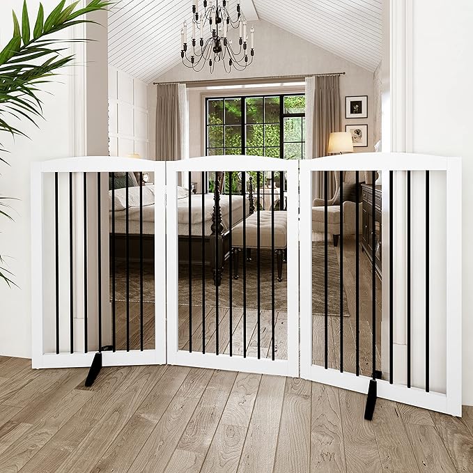 Freestanding Pet Gate for Dogs, Foldable Wooden Dog Gate for House Indoor, Tall Pet Fence for Stair, Doorway,Hall, Support Feet Included, 3 Panels 32",White