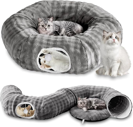 Bubble Cat Tunnel for Indoor Cats, Round Peekaboo Cave Toy with Dangling Balls, Donut Tunnel Bed with Circle Mat for Puppy Kitten Rabbit, Grey