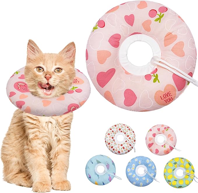 Cat Cone Soft Collar, Adjustable Cat Recovery Collar for Small Medium Large Cats, Cute Donut E Collar After Surgery, Anti-Lick Wound Healing Elizabethan Collar for Kittens (Pink Heart, Small)