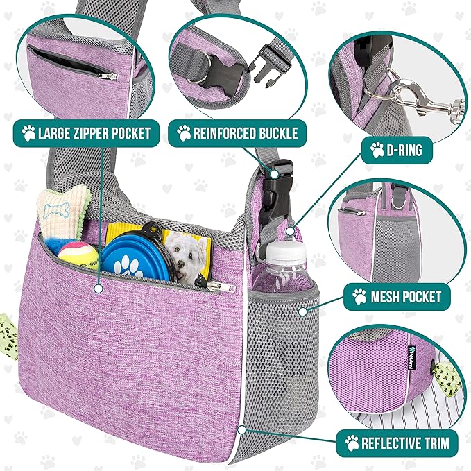 PetAmi Small Dog Sling Carrier, Soft-Sided Crossbody Puppy Carrying Purse Bag, Adjustable Sling Pet Pouch to Wear Medium Dog Cat Travel, Dog Bag for Traveling, Poop Bag Dispenser, Max 10 lbs, Purple