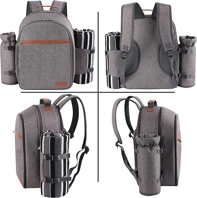 Apollo Walker Picnic Backpack Set for 2 Person with Cooler Compartment, Detachable Bottle/Wine Holder, Fleece Blanket, Plates and Cutlery Set